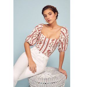 NWT Sz 8 REFORMATION Romi Top in Vienna Linen Puff-Sleeve Blouse Corset Hook Eye